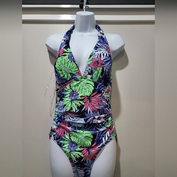 TOMMY HILFIGER Tummy-Control Halter One-Piece Swimsuit NWT size 8 Tropical print - Picture 3 of 5